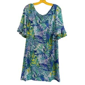 Pappagallo Tropical Blue Green Sapphire Mini Dress Ruffle Sleeves XL